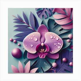 Scandinavian style, Purple orchid flower on tropical leaves Canvas Print