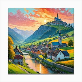 Swiss Village At Sunset With Rolling Hills Canvas Print