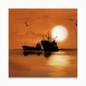 Silhouette Of Ships At Sunset 1 Canvas Print