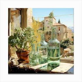 Glass Bottles On A Window Sill Canvas Print