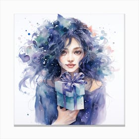 Watercolor Of A Girl Holding A Present Canvas Print