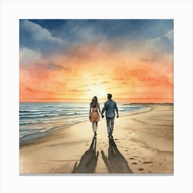 Couple Walking On The Beach At Sunset Canvas Print
