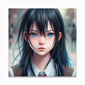 Anime Girl With Blue Eyes And Long Black Canvas Print