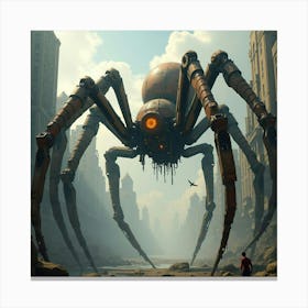 Giant Mechanical Spider Crawling Through A Futuristic, Steampunk Cityscape 1 Canvas Print