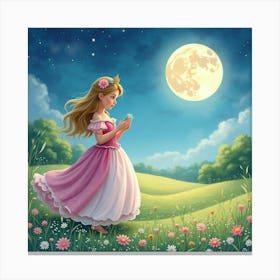 Beautiful Princess In A Watercolor Moonlit Meadow 1 Canvas Print