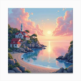 Pastel Sunset Painting Of A Peaceful Seaside Village 1 Canvas Print