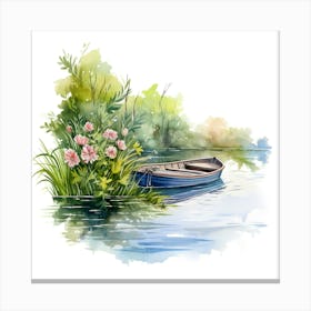 Watercolor Boat On The River Canvas Print