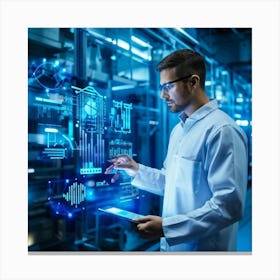 Abstract Cyber Industrial Icon Featuring A Futuristic Manager Interfacing With An Ai System Engagin (4) Canvas Print