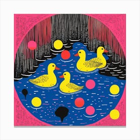 Duckling Colourful In The Pond Linocut Style 3 Canvas Print