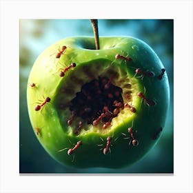 A Ant Coming Out Of A Hole In An Green Apple 2 Canvas Print