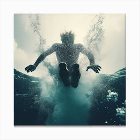 Man Jumping Into The Water - Into the Water: A diver plunging into the ocean, with the water splashing all around them. The scene is captured from the diver's point of view, giving the viewer a sense of exhilaration and adventure. Canvas Print