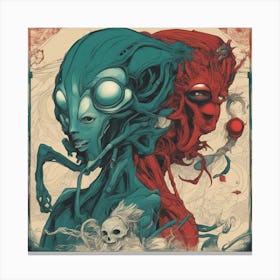 Alien Couple Painted To Mimic Humans, In The Style Of Surrealistic Elements, Folk Art Inspired Illu (1) Canvas Print
