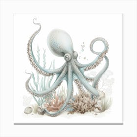 Storybook Style Octopus On The Ocean Floor With Aqua Marine Plants 1 Canvas Print