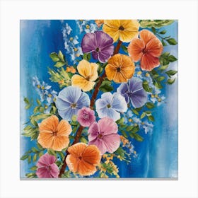 Flowers On A Branch Hand painting of a branch with blue, and other colors flowers. All the flower colors are harmoniously matching., painting Canvas Print