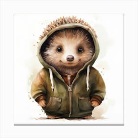Watercolour Cartoon Hedgehog In A Hoodie Canvas Print