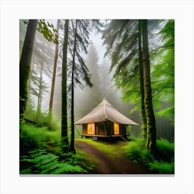 A Dense Forest With Trees And A Bright Hut With Bright Windows And Light Fog (1) Canvas Print