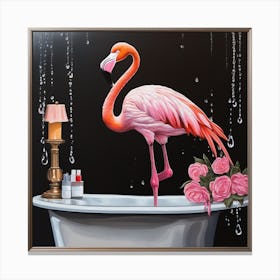 Flamingo In Bathroom Perched Canvas Print