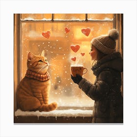 Cat and Person Sharing Hot Cocoa Artwork 7 Canvas Print