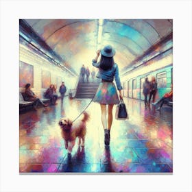 Girl With Dog In Subway Station Canvas Print