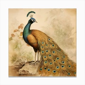 Peacock Peafowl Vintage Sepia Feathers Nature Animal Bird Canvas Print