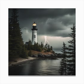 Lightning Over A Lighthouse Landscape Canvas Print