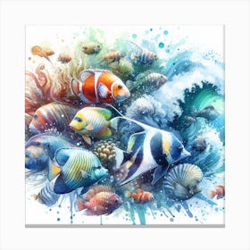 Sea Fish In Motion, Sea Fish Watercolour Art Print 4 Canvas Print