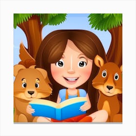 Girl Reading A Book With Animals Canvas Print