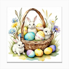 Easter bunnies in a basket, surrounded by pastel-painted eggs, with grass flowers, watercolor painting style Canvas Print