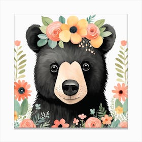 Floral Baby Black Bear Nursery Illustration (2) Canvas Print