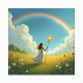 A Woman Standing In A Meadow Of Wildflowers, Holding A Magical Staff, With A Rainbow In The Background Canvas Print