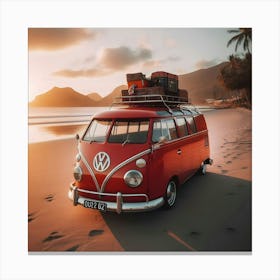 A Old Vintage Classic Red Vw Combi At The Beach 3 Canvas Print