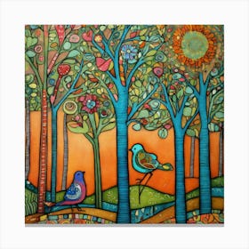 Art Drawing Trees And Birds Scene Folk Art Style I (2) 1 Canvas Print