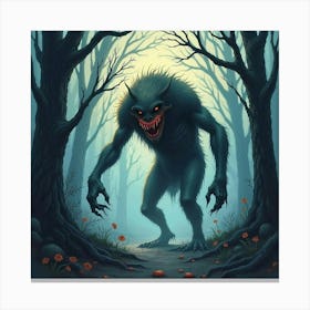 Horror Creature In A Watercolor Haunted Forest At Dusk 1 Canvas Print