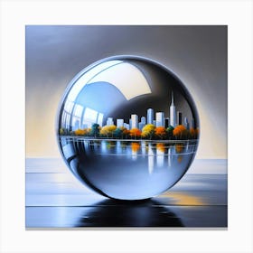 A Mesmerizing Reflection Display Of A City Skyline In A Metal Ball Illustration Canvas Print