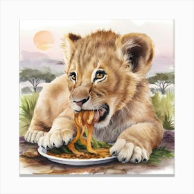 Lion Cub Eating Spaghetti Canvas Print