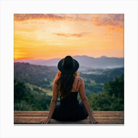 Woman In Black Hat Sitting Alone On A Wooden Balcony Overlooking A Hill Dotted Landscape Trees Al (1) Canvas Print