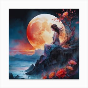 Girl Watching Full Moon Canvas Print