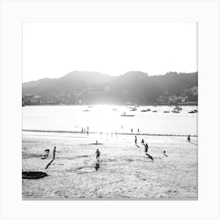 Playtime At The Beach, Black And White St Sebastian, Spain Square Canvas Print
