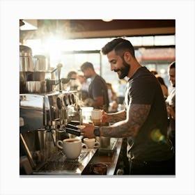 Barista Swiftly Spinning Pouring Water Into A Gleaming Espresso Machine Amidst Morning Rush In Bu (5) Canvas Print