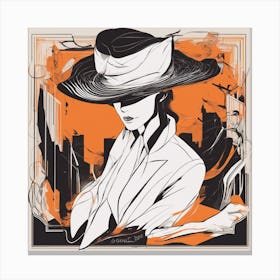 A Silhouette Of A Man Wearing A Black Hat And Laying On Her Back On A Orange Screen, In The Style Of (7) Canvas Print
