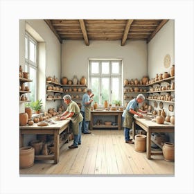 Watercolor Scene Of An English Pottery Studio With Artists At Work 1 Canvas Print