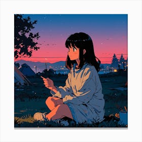 Anime Girl Sitting In Grass Canvas Print