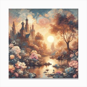 A wonderful painting of a castle with the sea and sailboats next to it 8 Canvas Print