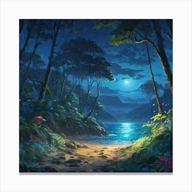 Moonlit Tropical Beach With Lush Forest and Glowing Sea at Night Canvas Print
