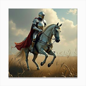 A Knight In Silver Armor Riding A Horse Through A Battlefield 1 Canvas Print