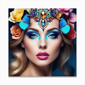 Beautiful Woman With Makeup And Flowers Canvas Print
