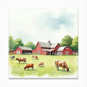 Rustic Farmyard Scene In Watercolor, Featuring Barns And Grazing Animals Canvas Print