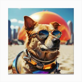 Dog With Sunglasses On The Beach Canvas Print