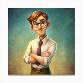 Cartoon Illustration Of A Young Man With Glasses And A Tie Canvas Print