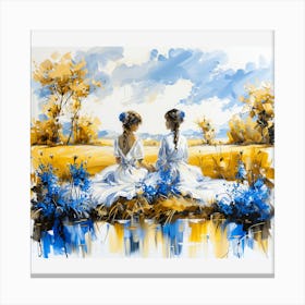 Two Women In Blue Dresses Canvas Print